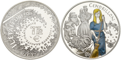 Франция 1 1/2 евро 2002 серия сказки, Золушка, эмаль, в оригинальной коробке, с сертификатом KM 1841 серебро  PROOF  7-3-1-25
