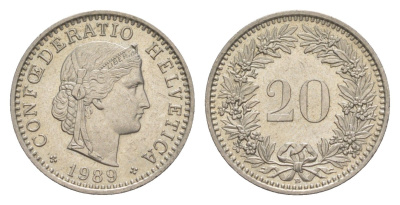 Швейцария 20 раппенов 1989 B KM 29a медно-никель 4623-514