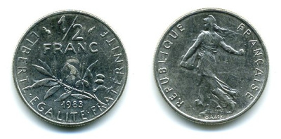 ФРАНЦИЯ 1/2 ФРАНКА 1983 КМ 931.1 никель 3999-826