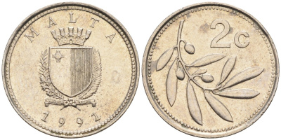 Мальта 2 цента 1991 оливковая ветвь KM 94 медно-никель 4585-1263