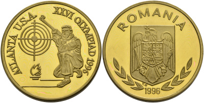 Румыния 100 леев 1996 XXVI Олимпийские игры 1996 года в Атланте, 100 лет Олимпийскому движению, стрельба, пробный выпуск, пифорт  латунь  PROOF  1525-1312