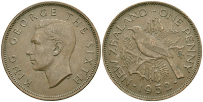 Новая Зеландия 1 пенни 1952 Георг VI (1936-1952), новозеландский туи KM 21 бронза 4557-344