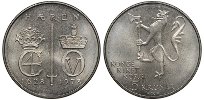 Норвегия 5 крон 1978 350 лет Норвежской армии KM 423 медно-никель UNC 81-742