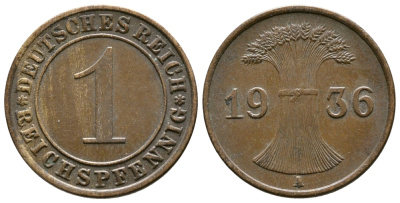 Германия 1 рейхспфенниг 1936 A KM 37, J. 313 бронза 220-131