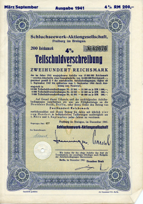 Германия 200 рейхсмарок 1941 АО Schluchseewerk (оператор 5 ГЭС), Фрайбург-им-Брайсгау, 4% -ное частичное обязательство   бумага   8804-75-1