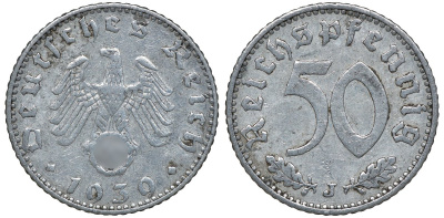 Германия 50 рейхспфеннигов 1939 J, цена по каталогу МТ 55 евро J. 372, KM 96 алюминий 72-1255