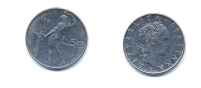 ИТАЛИЯ 50 ЛИР 1981 R, КУЗНЕЦ KM 95.1 нержавеющая сталь 54-1421