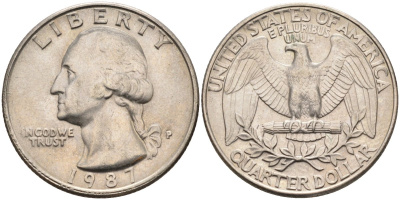 США 25 центов = квотер 1987 P, Вашингтон KM A164a медь плакированная медно-никелем 4584-1237