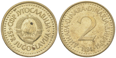 Югославия 2 динара 1984 KM 87 никель латунь aUNC 4617-1113