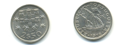 ПОРТУГАЛИЯ 2,5 ЭСКУДО 1978 ПАРУСНИК KM 590 медно-никель 176-151