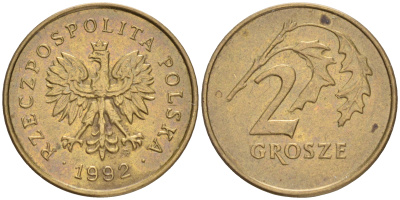 ПОЛЬША 2 ГРОША 1992 MW KM 277 латунь 4516-1055