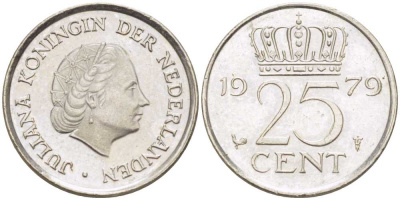 Нидерланды 25 центов 1979 Юлиана (1949-1980) KM 183 никель 214-1121