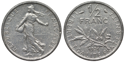 Франция 1/2 франка 1971 сеятель KM 931.1, Le Franc 198.10 никель 4128-243