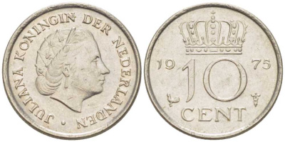 НИДЕРЛАНДЫ 10 ЦЕНТОВ 1975 ЮЛИАНА (1948-1980) KM 182 никель 211-1222