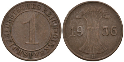 Германия 1 рейхспфенниг 1936 D KM 37, J. 313 бронза 4124-412