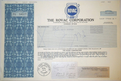 США, THE ROVAC CORPORATION 1000 акция 1987 бумага 8805-28-1