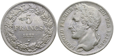 Бельгия 5 франков 1833 Леопольд I (1831-1865), в венке KM 3.1 серебро 74-831