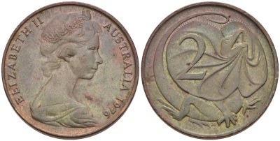 Австралия 2 цента 1976 Елизавета II (1952-2022), плащеносная ящерица (FRILLED LIZARD)  KM 63 бронза 4566-416