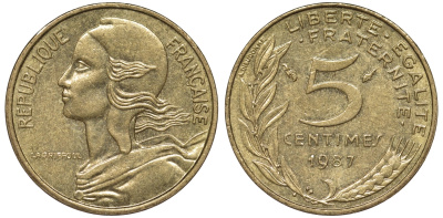 Франция 5 сантимов 1987 KM 933 медь алюминий никель 4596-339