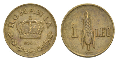 Румыния 1 лей 1941 Карол II (1930-1940), початок кукурузы KM 56 никель латунь 4647-933