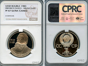 СССР 1 рубль 1983 (1988) Фридрих Энгельс (1820-1895), новодел. Редкая монета ошибочно датированная 1983, вместо 1985, в слабе CPRC сохранность PF 67 ULTRA CAMEO Широков, Сорокин, Золотарев 24.4, KM 200.2 медь никель цинк  PROOF  15-013-04