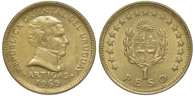 Уругвай 1 песо 1965 KM 46 алюминиевая бронза 92-1242