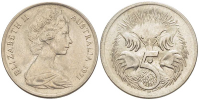 АВСТРАЛИЯ 5 ЦЕНТОВ 1971 ЕЛИЗАВЕТА II (1952-) МОЛОДОЙ ПОРТРЕТ, ЕХИДНА KM 64 медно-никель 4516-653