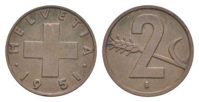 Швейцария 2 раппена 1951 B KM 47 бронза 4630-637