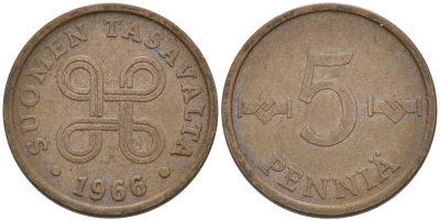 ФИНЛЯНДИЯ 5 ПЕННИ 1966 KM 45 медь 4549-134