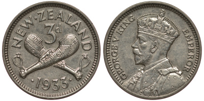 Новая Зеландия 3 пенса 1933 Георг V (1910-1936) KM 1 серебро aUNC 272-221