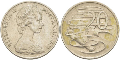 Австралия 20 центов 1972 Елизавета II (1952-2022), утконос KM 66 медно-никель 4521-123