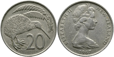 Новая Зеландия 20 центов 1967 Елизавета II (1952-2022), птичка киви KM 36.1 медно-никель 111-334