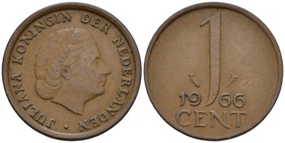 Нидерланды 1 цент 1966 Юлиана (1949-1980) small data KM 180 бронза    4598-246