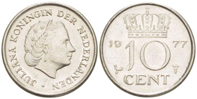 НИДЕРЛАНДЫ 10 ЦЕНТОВ 1977 ЮЛИАНА (1948-1980) KM 182 никель 211-1232