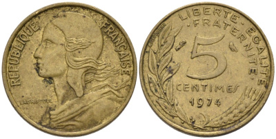 ФРАНЦИЯ 5 САНТИМОВ 1974 ТИП MARIANNE KM 933, LE FRANC 125.10 медь алюминий никель 4567-755