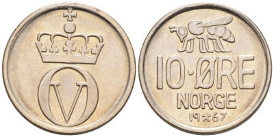 Норвегия 10 эре 1967 пчела, Улаф V (1958-1991) KM 411 медно-никель UNC 4580-963