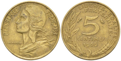 ФРАНЦИЯ 5 САНТИМОВ 1966 ТИП MARIANNE KM 933, LE FRANC 125.2 алюминиевая бронза 4549-246