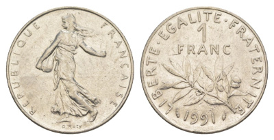 Франция 1 франк 1991 сеятель KM 925.1, Le Franc 226.36 никель 4631-537