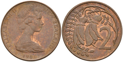 Новая Зеландия 2 цента 1981 Елизавета II (1952-2022), два цветка кохаи KM 32.1 бронза  4602-646