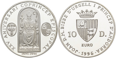 Андорра 10 динеров 1996 25 лет соправления  Жоана Марти-и-Аланиса, ECU KM 125 серебро PROOF 1095-1-34