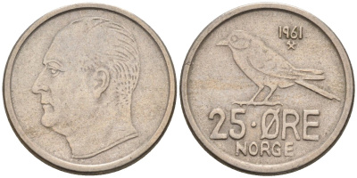Норвегия 25 эре 1961 Улаф V (1958-1991), синица KM 407 медно-никель 4580-1031