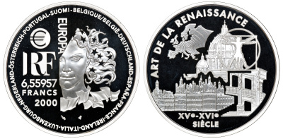 Франция 1 евро = 6,55957 франков 2000 архитектура Ренессанса (XV-XVI веков) в оригинальной коробке, с сертификатом KM 1225 серебро PROOF 4-3-3-18