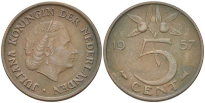 Нидерланды 5 центов 1957 Юлиана (1948-1980) KM 181 бронза 213-1025