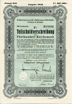 Германия 500 рейхсмарок 1943 АО Schluchseewerk (оператор 5 ГЭС), Фрайбург-им-Брайсгау, 4% -ное частичное обязательство   бумага 8804-104-1