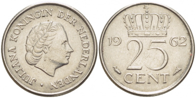 НИДЕРЛАНДЫ 25 ЦЕНТОВ 1962 ЮЛИАНА KM 183 никель 3309-637