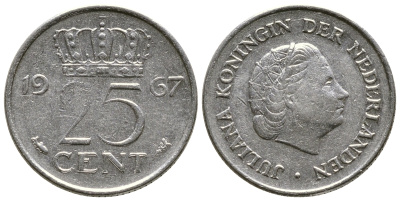 НИДЕРЛАНДЫ 25 ЦЕНТОВ 1967 ЮЛИАНА KM 183 никель 4383-1117