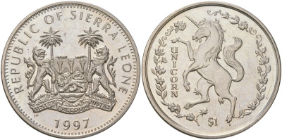 Сьерра-Леоне 1 доллар 1997 Единорог KM 48 медно-никель BU 4368-922