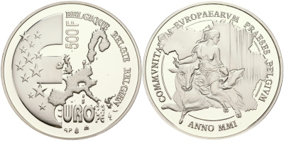 Бельгия 500 франков 2001 похищение Европы KM 222 серебро PROOF 06-256-11
