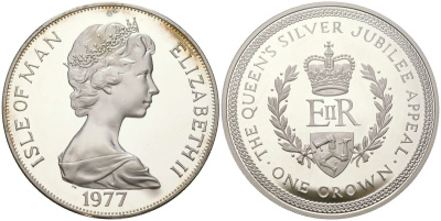 Остров Мэн 1 крона 1977 25 лет правления Королевы Елизаветы II, монограмма ERII KM 42a серебро PROOF 1530-1245