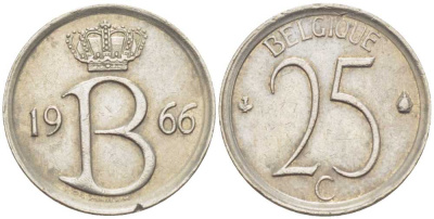 БЕЛЬГИЯ 25 САНТИМОВ 1966 BELGIQUE, БОДУЭН I (1951-1993) KM 153.1 медно-никель 214-428